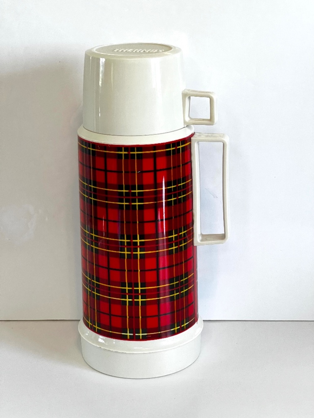 Vintage Red Plaid Thermos King Made In Canada Large Insulated Plastic Bottle